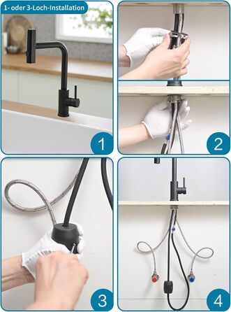 Чорний кухонний змішувач водопровідний з висувною лійкою та душем, 360° обертання, одноlever, матовий чорний