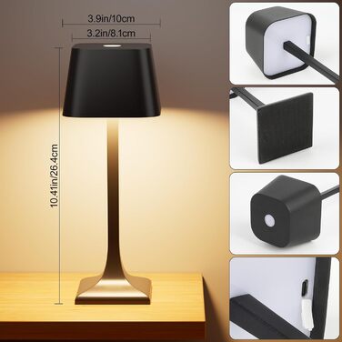 LED настільна лампа бездротова диммируемая торканням - 3 колірні температури, 5200mAh акумулятор, зарядка USB-C, водонепроникність IP54, алюміній, для дому та вулиці, нічник, настільна лампа для їдальні, робочий стіл (чорний)