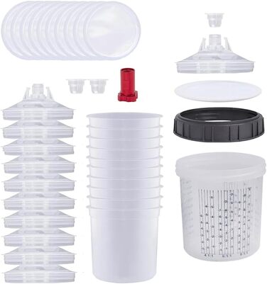 Spray Gun Mixing Cup, Lid and Liner System with 10 Mixing Cups, 10 Lids, 10 Filters, 1 Hard Cup with Retainer Ring, 2 Plugs, 1 Adapter M16x1.5 (600ML)
