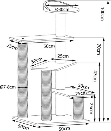 Драбина для котів Lionto з 3 платформами та затишним лежанкою, висота 100 см, котячий будиночок з сизалевим мотузком та м'яким плюшем, підходить для кошенят та великих котів, ідеальний догляд за кігтями, сірий/світло-сірий