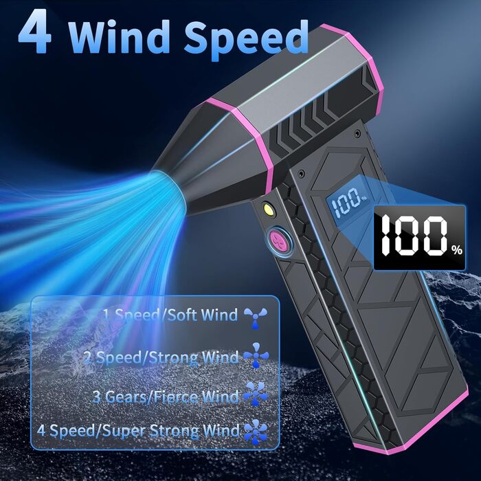 Електричний пилосос-фен, 10000mAh, LCD, міні-фен з ліхтариком для відпочинку на природі, 180000RPM, 4-та ступінь сили, чорний
