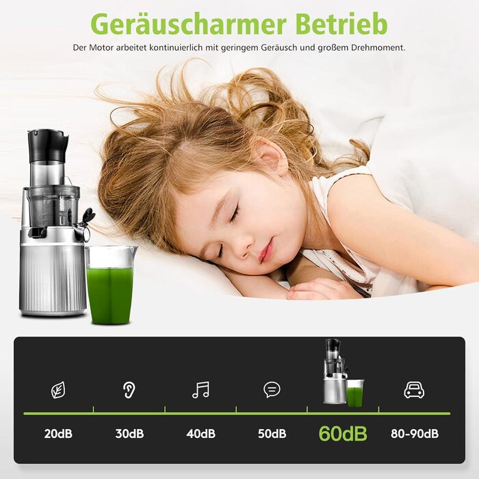 AOBOSI 200W Slow Juicer, Juicer with Reverse Function and Two Filter Sizes. Juicer vegetable and fruit test winner, multifunctional juicer vegetable and fruit with Smart Chip. Fruit press-Gray 80MM Gray