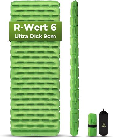 ATEPA ThermAir ізомат для кемпінгу та трекінгу, 6R, R-значення 6.6, 7 камер, компактний, з сумкою, 9см товщина, 9см зелений