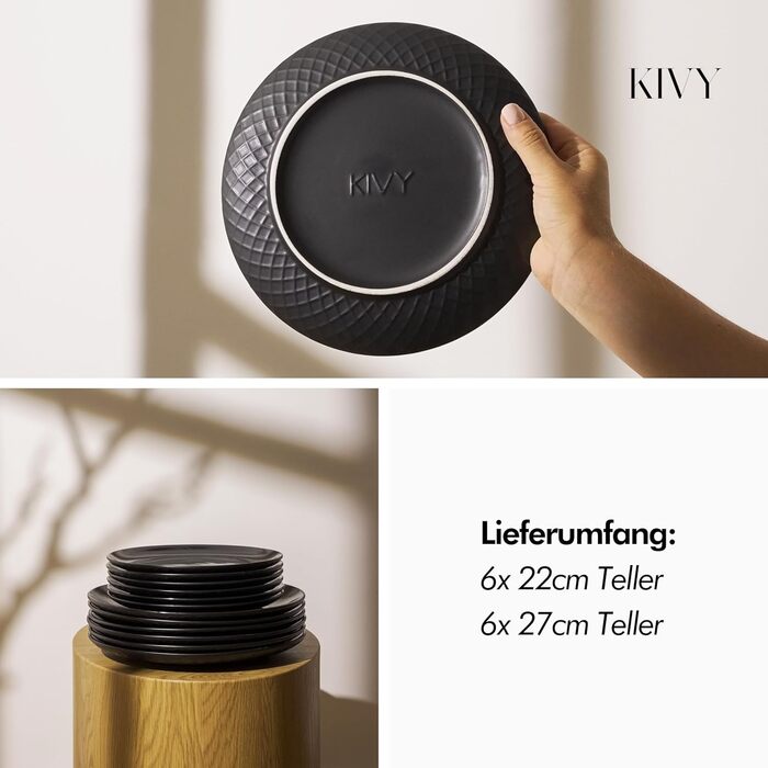KIVY Dinnerware Set for 6 People [Scratch & Dishwasher Safe] 6x27cm + 6x22cm - Plate Set 12-Piece Modern - Dinnerware Set - Combination Service - Black Dinnerware Set - Black Plate Set - Matte Black Plates
