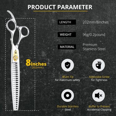 Професійна собача шерсть ножиці Dream Reach 8 дюймів - ножиці для грумінгу собак та котів з ергономічною ручкою, з високоякісної сталі 440C, з регульованим болтом