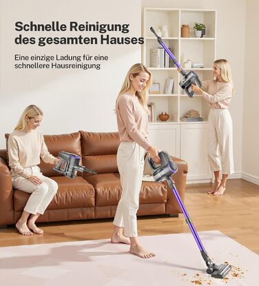 Бездротовий акумуляторний пилосос з потужністю 25000Pa, 175W, час роботи 50 хвилин. З антизаплутувальною насадкою та самостійне зберігання. Легкий ручний пилосос для твердих підлог, килимів, шерсті тварин. Колір: Taro-violett