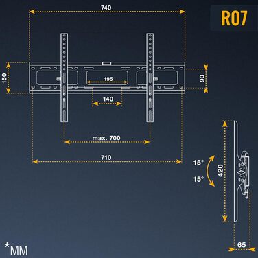 Настінне кріплення для телевізора RICOO R07 40-100 дюймів, до 100 кг, VESA 200x200 - 600x400, похиле