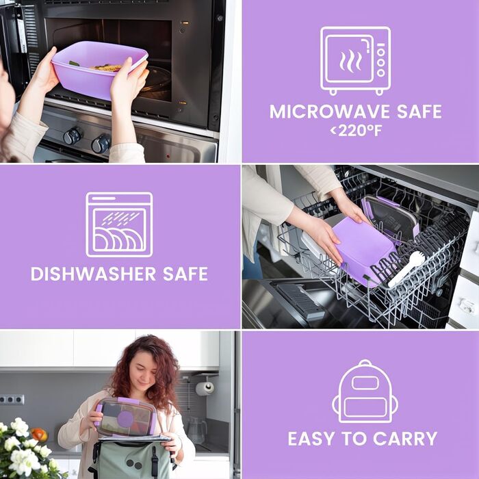 Ланчбокс Bugucat 2000 мл (2 шт.) - чорний та рожевий, з відділеннями, для дорослих та дітей, з виделкою