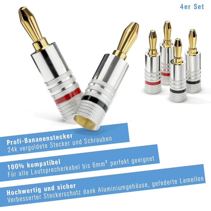 Набір бананових конекторів Sonero® (4 шт.), для акустичних кабелів до 6 мм², позолота 24K, кольорове кодування (12x червоний, 12x чорний)