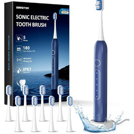 Електрична зубна щітка зі звуковою технологією, 5 режимів, таймер 30s, відбілює зуби за 2 тижні, 8 змінних насадок, IPX7, блакитна