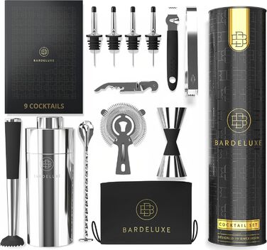 BarDeluxe® 12-Piece Cocktail Set, Bartender Set, Cocktail Mixer Set | 750ml Stainless Steel Cocktail Shaker, Cocktail Shaker Set, Bartender Set | Luxury Cocktail Gift Set (Silver)