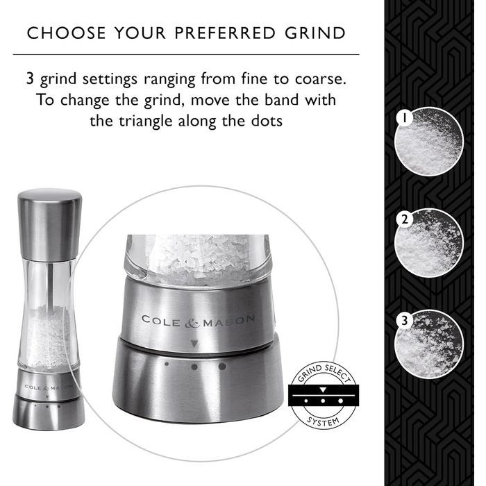 Cole & Mason Derwent Salt & Pepper Mill Set – 19cm, Adjustable Ceramic Grinder, Stainless Steel & Acrylic Design, Color: Stainless Steel, Precise Grinding, Durable