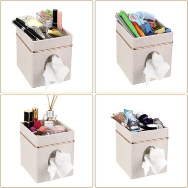 BTSKY Square Linen Tissue Box Holder with Top Shelf – Household Office Table Tissue Box with Jewelry Holder on Top, Beige