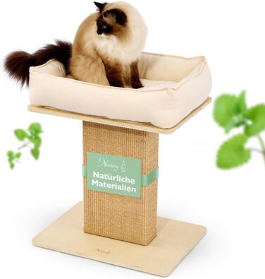 Nemmy Premium Cat Tree Small Beige | Stable Scratching Post Extra Wide | Cat Bed with Cushion | Cat Tree for Large Cats | Modern Wood Natural | Scratching Column | Scratching Post