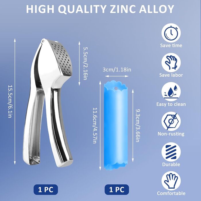 Преміум-прес для часнику та силіконовий лузер, стильний прес з цинкового сплаву, придатний для миття в посудомийній машині, сріблястий подрібнювач часнику, кухонний помічник, надміцний та довговічний, зручний та легкий у чищенні