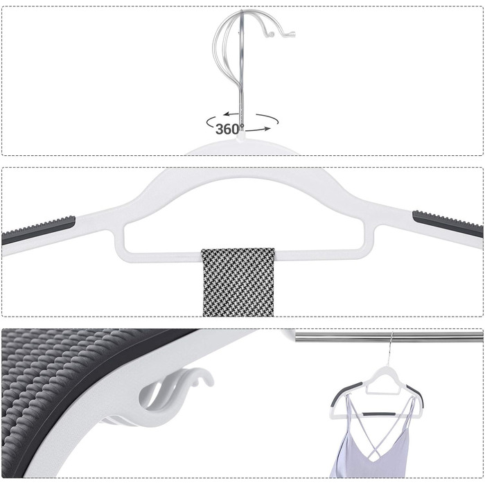 Набір вішалок SONGMICS 50 шт., пластик, антиковзаючі, компактні, товщина 0,5 см, 42 см, поворотний гачок 360°, срібло, білий + темно-сірий