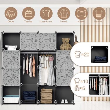 DIY Closet Shelf System with 16 Cubes, Wardrobe, Open Closet, Plastic Wardrobe with Doors, Wardrobe Cabinet, Black, 180 x 142 x 37CM (Black 16 Cubes with Clothes Hooks)