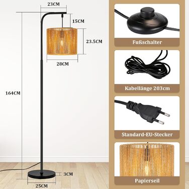 Торшер Rattan Boho - Стильний торшер для вітальні E27 164 см, чорний, з ножним вимикачем. Торшер в спальню, на терасу, в офіс, циліндричний абажур