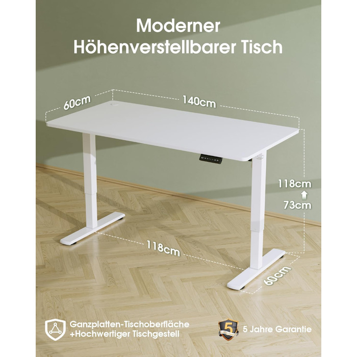 Flamaker Adjustable Height Desk - 140x60cm Electric Standing Desk with Memory & USB Charging (White)