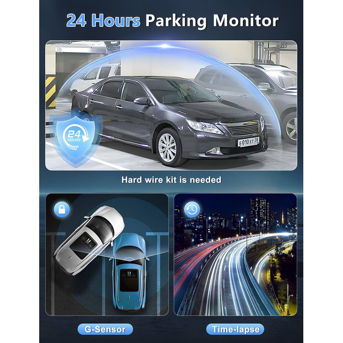 Відеореєстратор Chortau Dashcam 4K+1080P з двома камерами, WiFi, LCD 3 дюйми, 64GB SD, Нічне бачення, G-сенсор, Park Mode