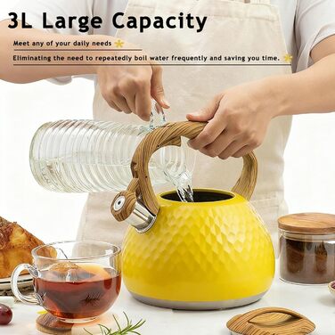 Чайник-свисток з нержавіючої сталі 3L, сумісний з усіма плитами, для чаю та кави, жовтий