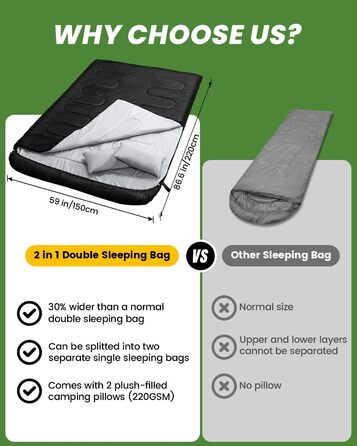 Сплячий мішок Outdoor Sportneer для 2 осіб, 220x150 см, 3.5 кг, з 2 подушками, 4 блискавки, дорослий, чорний