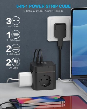 Багатофункціональний розподільник розеток 6 в 1 з USB-C, 3 розетки, індивідуальне вмикання, плоский штекер, кабель, 1 USB-C, для офісу, дому, подорожей (2м, чорний)