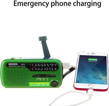 Приймач Degen DE13 FM/AM/SW з сонячною панеллю, ліхтариком, SOS-сигналом та зарядкою для телефону. Зелений