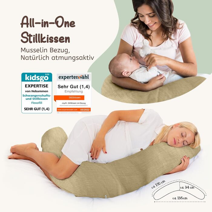 Подушка для вагітних Joyfill Stillkissen XXL: для сну на боці та годування | З м'якою мусліновою наповнювачем (Оливковий, 170 см)