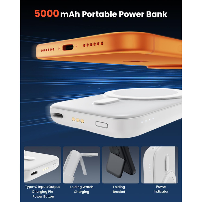 GEEKERA 3-в-1 Магнітна бездротова зарядка Powerbank 5000mAh: для iPhone 17/16/15/12, Apple Watch, AirPods, Samsung Galaxy (Білий)