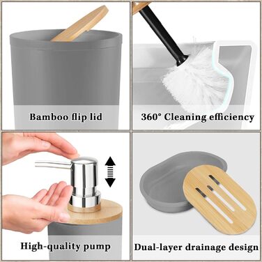 Набір аксесуарів для ванної кімнати Britimes, сірий: душова завіса, відро для сміття, дозатор мила, тримач для унітазної щітки, тримач для зубних щіток та стаканчик для зубних щіток