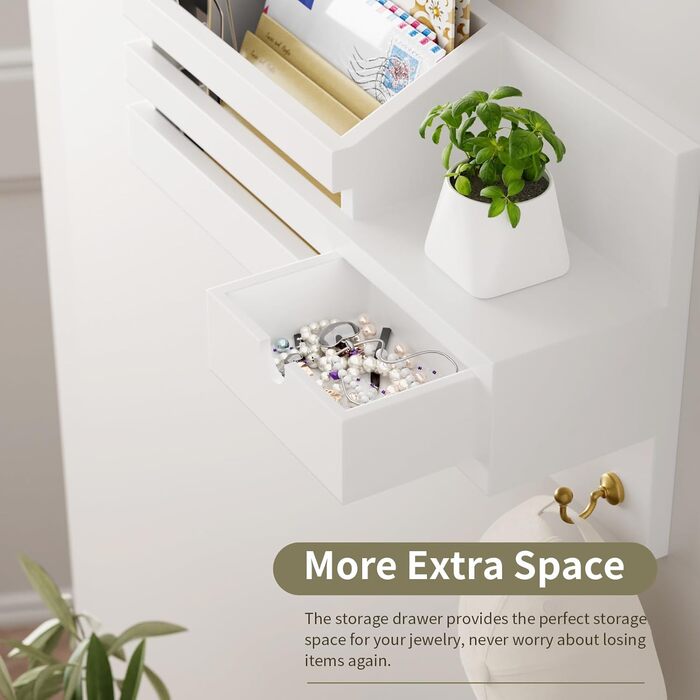 Настінна органайзер для ключів з 6 гачками та шухлядою, дерев'яна полиця для ключів, настінний тримач для ключів, для прихожей, вітальні, офісу (білий)