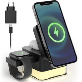 Зарядна станція 3-в-1 Apple Watch та iPhone, бездротовий зарядний пристрій для iPhone 16/15/14/13/12 Pro Max/Pro/Plus, Apple Watch, AirPods. З нічником сенсорним для спальні, вітальні, офісу 10.5*13.8*7.5см