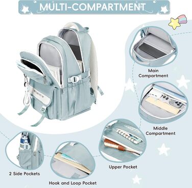 Шкільний рюкзак Tanou для підлітків, дівчаток, 4-12 клас. Великий водонепроникний рюкзак для школи, середньої та вищої освіти, блакитний