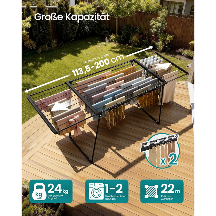 SONGMICS Сушарка для білизни, металева, 52.5 x 173 x 96.5 см, з крилами, для одягу, рушників, шкарпеток, чорна (LLR518G01)