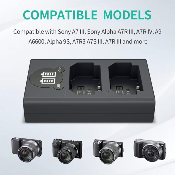 Зарядний пристрій LP NP-FZ100 з LCD-дисплеєм, Dual USB, сумісний з Sony A7iii, A7iv, A7C, A6700, A6600, ZV-E1, ZV-E10ii, FX3, FX30, A9, Alpha 9, Alpha 9S, A9S, A7R3 та A7R4