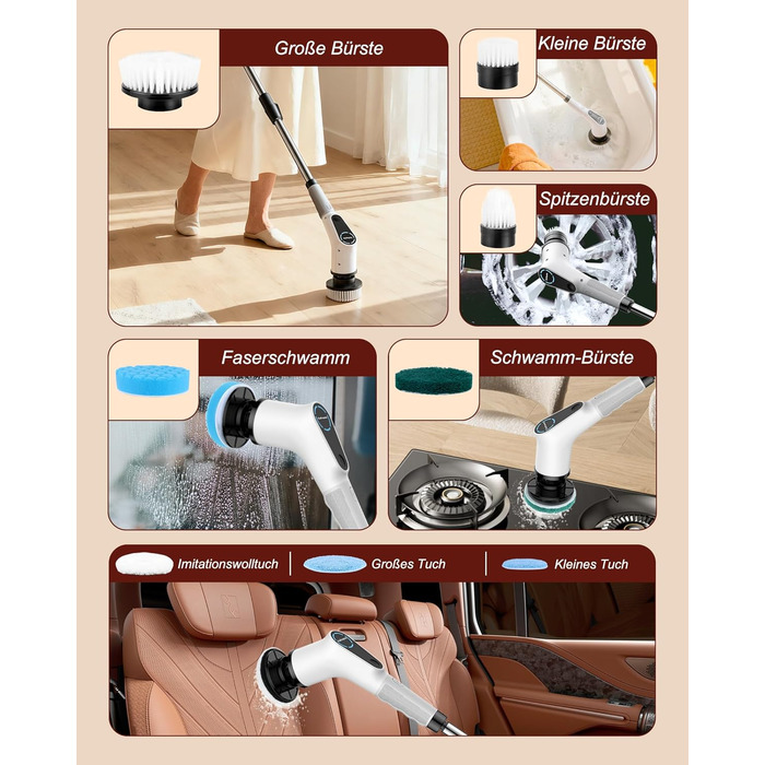 Електрична щітка для прибирання 8-в-1 з набором насадок, для ванної, кухні, авто, підлоги (червона)