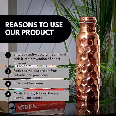 Craft Trade Water Bottle Copper Water Bottle Pure Natural Bottle Water Bottle with Lid and Carrying Bag 34oz/1000 ml Leak-Proof Ayurveda Copper Bottle for Office and Yoga - 2