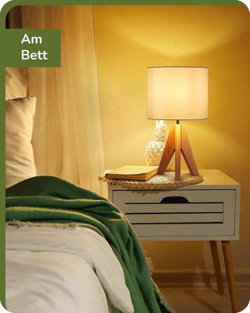 Настільна лампа EDISHINE 2 шт. з дерева, LED, з абажуром з льону кольору бежевого, патрон E27, з лампочкою, вінтажний дизайн, для спальні, вітальні, подарунок