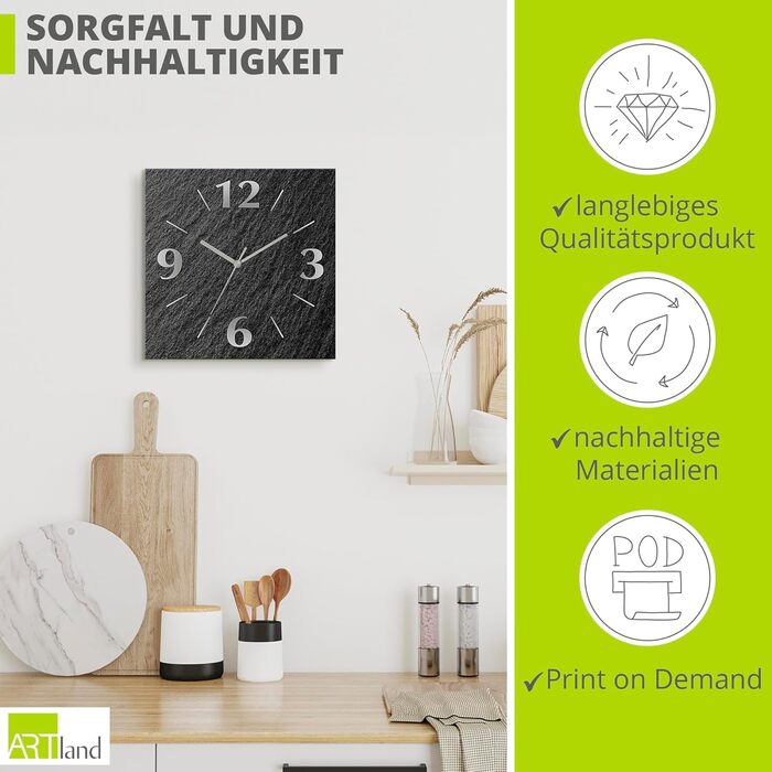 ARTLAND Wall Decor Wall Clock without Ticking Sounds Aluminum Quartz Clock 30x30 cm Square Silent Analog Quartz Clock, 4 Numbers 30x30 cm Slate Look U1RE
