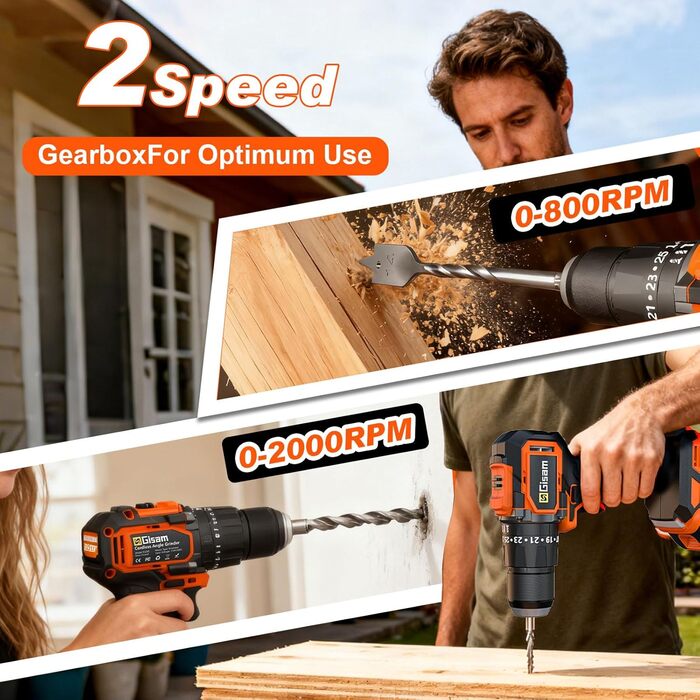 Акумуляторний шурупокрут/дрель 21V з набором 2 акумуляторів, 1200W двигун Brushless, 75Nm, 25+3 рівня крутного моменту, патрон 13мм, 2 швидкості, LED, 29-ти елементний набір для дому, саду та DIY-проектів помаранчевого кольору