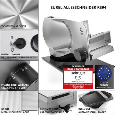 EUREL RS92 Electric Food Processor - Stainless Steel Blade, Adjustable 0-15mm, Glass Plate, Serving & Storage Set, 100W