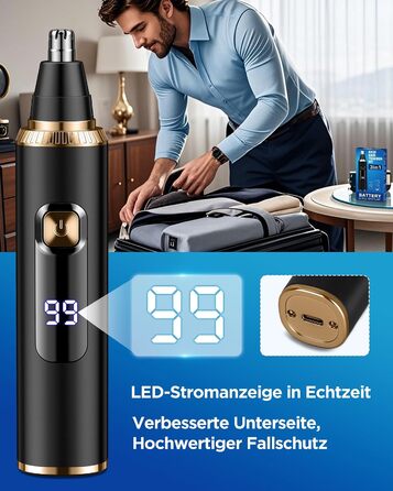 Триммер для носа, вух та брів Herren 3-в-1 з LED-дисплеєм, USB-C, IPX7 (Золотий)