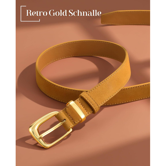Жіночий шкіряний ремінь VONMELLI вінтажний, регульований, під сукню, джинси, костюм, з модною золотою пряжкою (жовтий, 116-127 см)