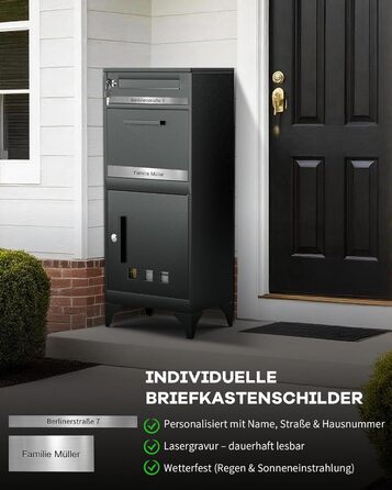 Поштовий ящик антрацит з гравіюванням, персоналізований, 2-в-1, нержавіюча сталь, з відділенням для газет та посилок (XXL)