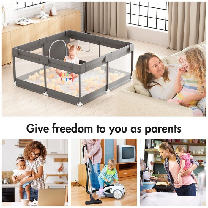 Mloong Baby Playpen with Play Mat, 120x120x65cm Small Baby Playard Dark Grey, Playard for Apartment, Playpen with Breathable Mesh on Four Sides and Suction Cups Dark Grey 120x120cm