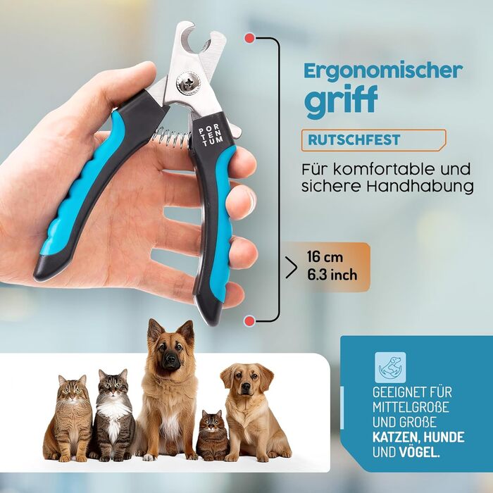 Ножиці для обрізки кігтів собак та котів PORTENTUM з пилочкою, нержавіюча сталь, безпечний захист, 6 дюймів