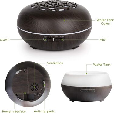 Аромадифузор WD&CD 550 мл з пульт дистанційного керування, ультразвуковий зволожувач повітря, дифузор для ефірних олій, 7 кольорів LED, автоматичне відключення - білий (темно-коричневий)