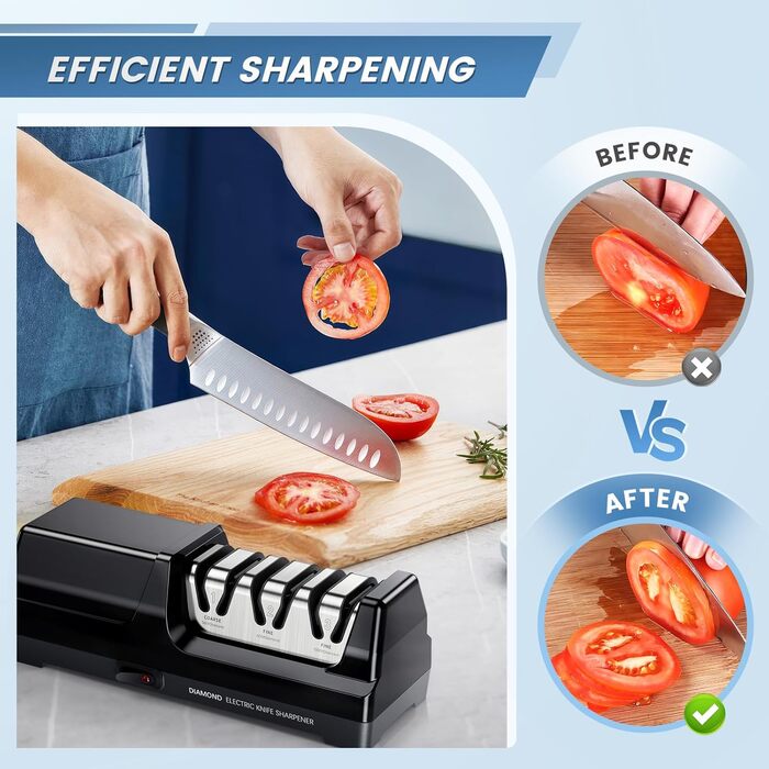 Електричний точило для ножів професійний 3-ступеневий з захистом від перегріву, тихий мотор, швидкий для кухонних ножів (чорний)