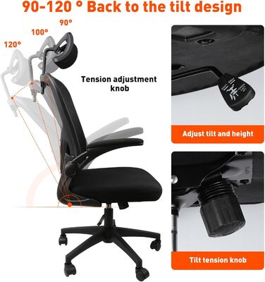 Ергономічне крісло для офісу HANGHAIGO, чорне, з підголівником, підлокітниками та підтримкою попереку, регулювання висоти, функція гойдання 90°-120°, максимальне навантаження 150 кг